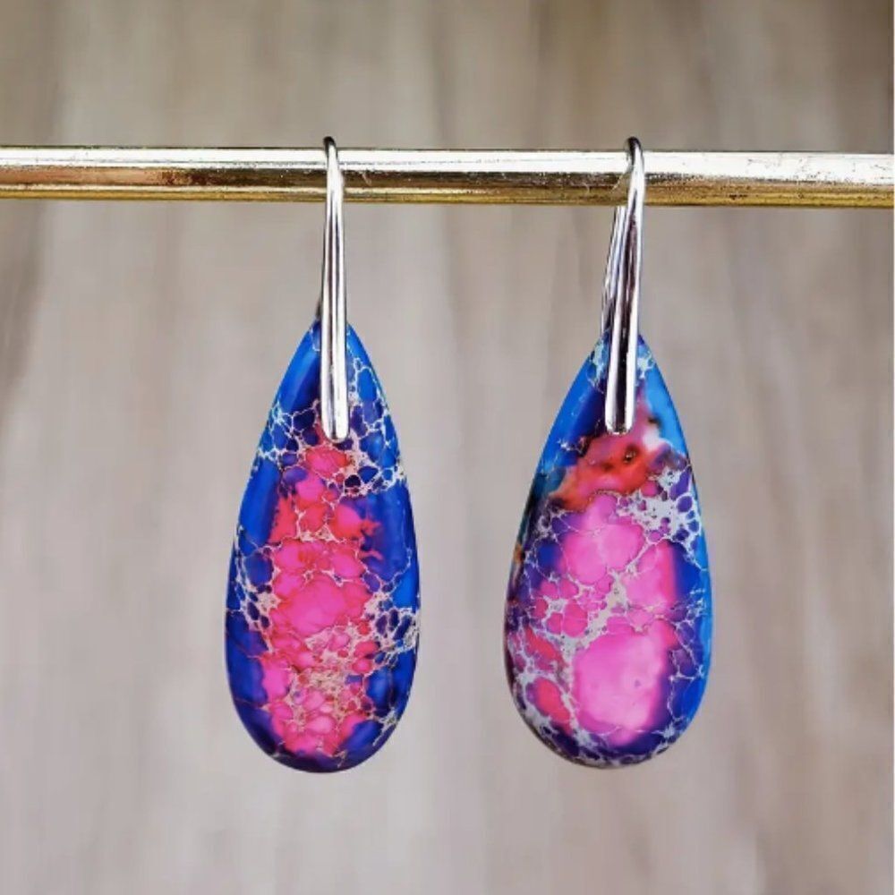 ✨🆕✨💘Exquisite BoHo Emperor Stone Blue & Pink S925 Plated Gems Dangle Earrings✨ - Picture 5 of 12